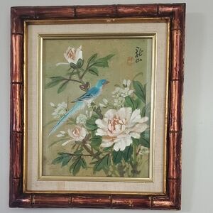 Elegant Floral and Bird Wall Art with Brown Frame